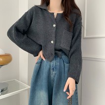 오버클래쓰 여성 카라 크롭 니트 가디건 루즈핏 심플 무지 티셔츠