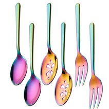 Enwinner 서빙 스푼 슬롯 2개 포크 뷔페 소쿠리 스테인리스 스틸 연회 세트 6개 세트 길이 22.9cm(9인치) (6스푼 세트), 6 rainbow serving set