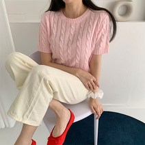 순이들 여성 봄가을 에브리 데이 데일리 반팔 꽈배기 라운드 니트