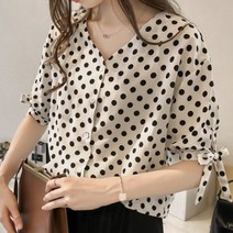 써니핑크 러블리여성 반팔 리본 도트무늬 여성 블라우스 남방 셔츠