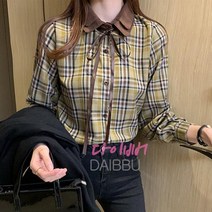 리틀깽스 러블리 큐티 데이트룩 이중카라 체크 패턴 리본 블라우스