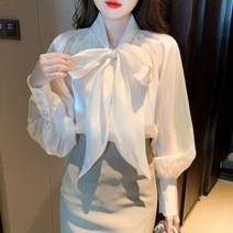 스타일 우아한 스위트 보우 타이 솔리드 오간자 블라우스 여성 풀오버 랜턴 소매 루즈 쉬폰 셔츠