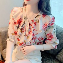 블라우스리본패션 2022 프렌치 스타일리쉬 브이넥 페플럼 디자인감각 슬림핏 부스지다 꽃블라우스 여성 4650602179