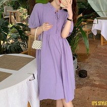 잇츠스타일 [L-4XL] 퍼플 레이스 칼라 단색 여름 반팔 원피스