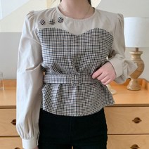 다잇템 여자 페미닌 격자 혁대 벌룬 모직 블라우스