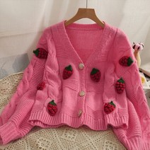 자이언트얀 패션 핑크 딸기 스웨터 긴 소매 니트 카디건 싱글 브레스트 재킷 여성용 가을 겨울, [01] 분홍색