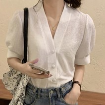 여자 블라우스 브이넥 퍼프 셔츠 직장인 여성 흰 흰블라우스 코디
