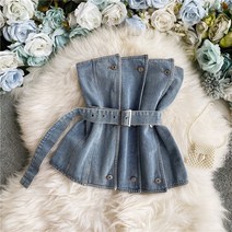 세련된 유럽과 미국 스타일의 스트리트 팻 팬 어깨 끈이없는 데님 재킷 여성 허리 데님 조끼 여름 XN