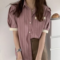 네모엔룩 여성용 트윈스트라이프 퍼프 반소매 카라 블라우스