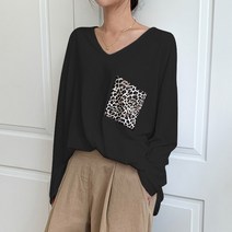 호피 포켓 브이넥 긴팔 티 빅사이즈 오버핏 롱티 긴팔티 레오파드 박스티
