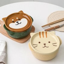 유미코 일식 뚜껑있는 라면그릇 귀여운 예쁜 시바견 고양이 도자기 손잡이 그릇 760ml