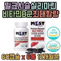 밀크씨슬실리마린 대용량 60캡슐 6통 12개월분 비타민B 나이아신 식물성 원료 식약처인증 야근 회사원 직장인 회식 전 후 먹는 비타민 영양제 남성 남자 직장상사 선물 추천, 6개