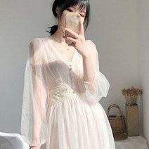 피로연원피스 드레스드레스 여성 2022 봄 웨딩 미디 우아한 a 라인 Vestidos 솔리드 퍼프 슬리브 v-목 신사