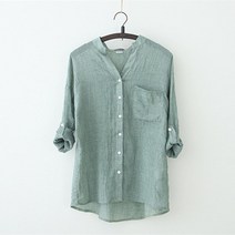 브이넥 스탠드카라 시원한 린넨 소재 긴소매 여름 여성 셔츠 블라우스 비보뉴 C288M839