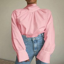 나비 매듭 블라우스 여성 패션 스탠드 칼라 파티 셔츠 캐주얼 플리츠 탑스 긴 소매 튜닉