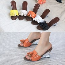 런슈즈 국내제작 에나멜 테슬 투명굽 웨지힐 통굽 뮬 샌들 슬리퍼 7cm