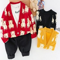 루라줌) 아기 유아 아동 키즈 돌아기 두돌 어린이 가디건 면티 배기팬츠 해피곰 패턴 바지 상하복세트 등원룩 어린이집 캐주얼 상하세트 상하복 세트 외출복 여벌옷 아기옷선물세트