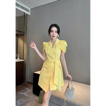 EraVogue 여자의여름하얀색퍼프소매양복칼라랩원피스 5693