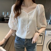 스타일아유 여름 여성스러운 링클 플라워 자수 스퀘어넥 볼륨 퍼프소매 여름 블라우스 데이트룩 오피스룩