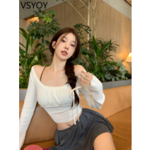 vsyoy 스파이스 걸 스퀘어 칼라 긴팔 니트베이스 셔츠 여성의 봄 순수한 욕망 슬림 핏 슬리밍 풀오버 탑