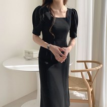 [발리걸] 하객룩 스퀘어넥 퍼프 슬림 여신 롱 원피스