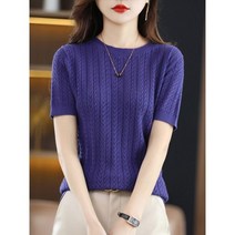 여성 반팔 니트 니트티 여름 코튼 티셔츠 라운드넥 스트랜드 빈 캐주얼 루즈핏 메쉬