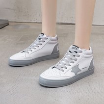 벨트플랫 스니커즈 여성 ULZZANG 하이탑 가죽 화이트신발 클래식 스트리트 별 슈즈 3842501029, 멜란지. 흰 36