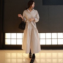 여성 프리미엄 코튼 스트라이프 셔츠 슬립 원피스 루즈핏 스트링 리본 오버 롱스커트