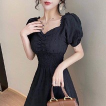쉬폰원피스 2022여름 뉴타입 빈티지 도라지 프랑스타입 빨간색 스퀘어칼라 허리밴딩 날씬해보이는 원피스스타일 롱스커트 여성복