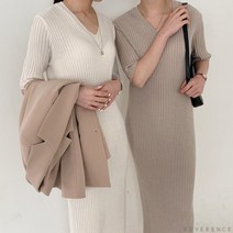 라뮤 브이넥 반팔 골지 니트 롱원피스 크림 베이지 블랙 봄 여름 데일리 하객 맥시 원피스