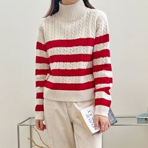 단가라 꽈배기 폴라넥 스트라이프 니트티셔츠