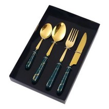 세라믹 손잡이 스테인리스 스틸 나이프 포크 및 스푼 북유럽 스타일 24 피스 선물 상자 세트, Gold-rimmed green fo