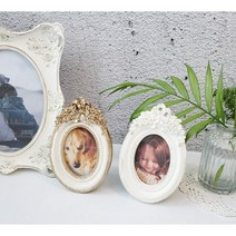 타원 엔틱 프렌치 쉐비 플라워 럭셔리 탁상용 웨딩 포토 테이블 인테리어 프레임 미니액자, 엔틱 화이트