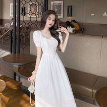 안나리야 스퀘어넥 코튼 면 레이스 A라인 플레어 롱 원피스 SY