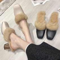 뒷트임 겨을 털 가죽 펌프스 스틸레토 블로퍼 레더 캐주얼 뮬 여성구두 7cm