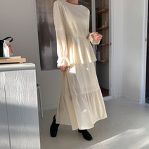 여자 봄 가을 데이트룩 라운드넥 캉캉 프릴 롱 원피스