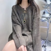 TJL 여성의 봄과 가을 느슨한 니트 드레스 스웨터 롱 탑 니트 원피스