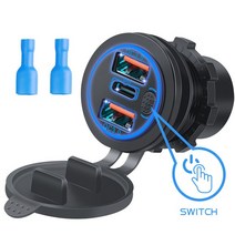 68W 듀얼 QC 3.0 USB 및 PD c형 트리플 소켓 차량용 충전기 12-24V 보트 마린 RV 방수 터치 스위치 포함, 02 PD Blue Light
