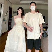 RM 커플시밀러룩 커플룩 커플 튜브톱 롱원피스 레터링 반팔 티셔츠