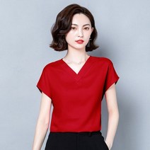 반팔 새틴블라우스 드레이프 블라우스 여름 빅사이즈 셔츠 캐주얼 여성 솔리드 고상한 브이넥 소프트 실크 새틴 상의 9853