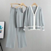 여성용 조끼 + 긴 소매 지퍼 가디건 + 밴딩바지 니트 정장 3 피스/세트 여성복 캐주얼 스여성복 세트 바지 세트 여성세미정장 여성바지정장세트 키작녀정장 명품스타일여성정장