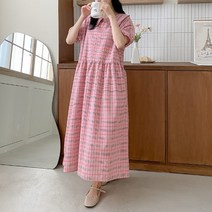 코지 워커홀릭 체크 둥근 카라넥 반팔 롱원피스