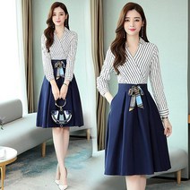 요나걸 여성 원피스 미디원피스 브이넥 긴팔원피스 스트라이프 셔츠상의 풍성한 A라인 스커트 슬리밍 데이트룩 여친룩 시선강탈 넘사벽 퀄리티 여자원피스 + 양말증정