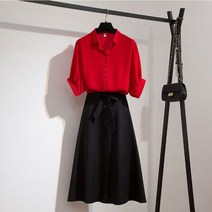 하객룩투피스 하이틴룩 봄 셋업 회사 레이디 캐주얼 레드 셔츠 블랙 나비 매듭 스커트 투피스 드레스 세트 여름 패션 여성 작업 복장
