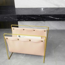 잡지꽂이 매거진랙 북유럽풍 가죽 철제 북선반, 골드 스퀘어 핑크 가죽