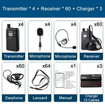 무선 위스퍼 투어 가이드 시스템 동시 통역 회의 통역용 오디오 리시버 송신기, 6.4 와 60