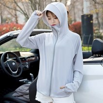 Jifang 자외선 차단 의류 여성용 여름 야외 승마 피부 얼음 실크 느슨한 후드 스포츠 짧은 재킷 운전 양산 태양 보호 긴팔 레귤러 사이즈-그레이 (85-140 캐티에 적합)