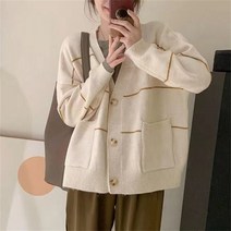 스트라이프 카디건 스웨터 여성 가을/겨울 새로운 V 넥 느슨한 게으른 바람 코트 슬림 니트 카디건