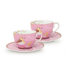 네덜란드 Pip studio Early Bird 핑크 디저트 오후 찻잔 주전자 유럽 식기, 2컵2접시/280ml 선물세트개