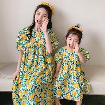 해외피크닉 여아 여름 반팔원피스 코튼 a라인 플라워 롱원피스 주름 엄마랑딸 커플